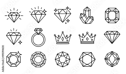 Gemstone rounded line icon set vector diamond jewel crystal luxury symbols isolated on transparent background