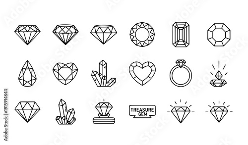 Diamond gemstone line icon set vector jewels luxury crystal gem symbols isolated on transparent background