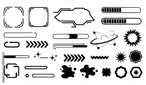 Y2K futuristic UI elements set vector abstract brutalism shapes isolated on transparent background