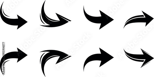 Set of dynamic stylized curved arrow icons in bold black design for direction, movement and navigation concepts