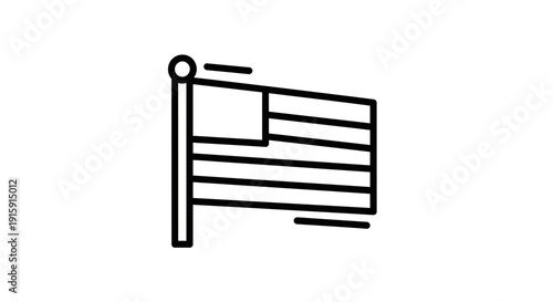 American Flag Waving on Pole, Simple Line Art Icon, Independence Day Symbol