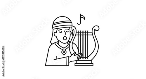 Ancient Bard Singing and Playing Lyre, Musical Notes Above Head