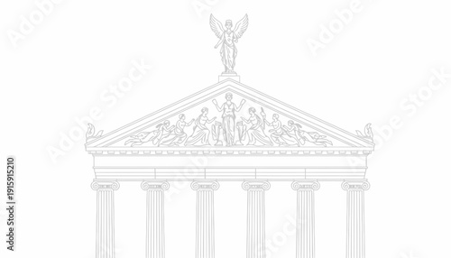 Ancient Greek Temple Facade with Pediment Sculpture and Winged Victory Statue