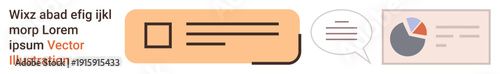 Business analytics, information sharing, communication tools, data , corporate workflow, digital resources. Text box, speech bubble and pie chart elements. Business analytics and information sharing