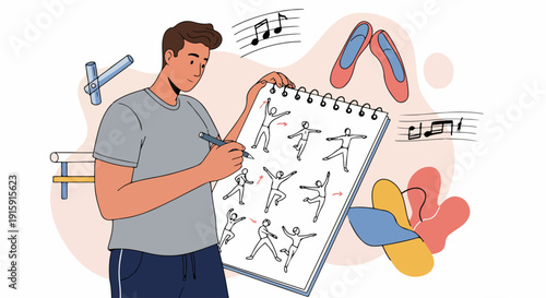 Male choreographer sketching ballet dance poses and movement sequences in a notebook surrounded by musical notes and pointe shoes.
