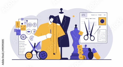 Professional tailor designing custom clothing, utilizing tools, mannequins, and detailed specifications in a modern flat illustration style.
