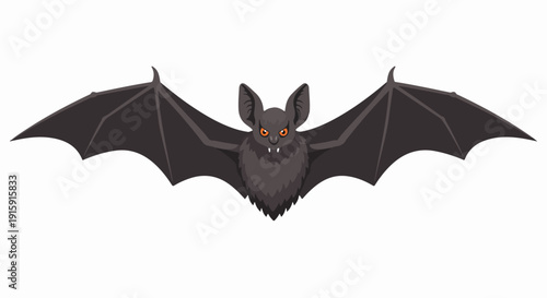Scary flying bat cartoon character with spread wings and orange eyes. Halloween or vampire mascot vector illustration isolated on white.