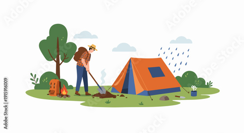 Camper man putting out campfire with shovel near a tent under light rain, demonstrating safe outdoor practices