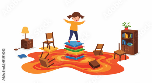 Happy little girl playing "The Floor is Lava," safely standing on a stack of colorful cushions above the imaginary red hot floor.
