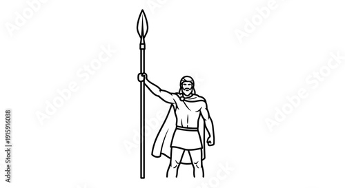 Ancient Warrior Holding Spear, Heroic Figure, Black and White Line Art