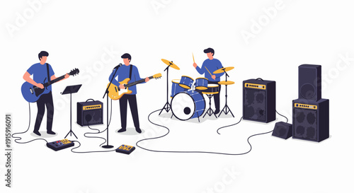 Three-piece rock band performing live concert music with electric guitars, drums, amplifiers, and sound equipment.