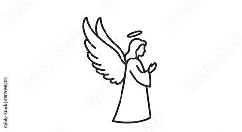 Angel Line Art Icon with Halo and Wings, Praying Gesture