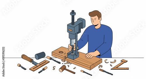 Woodworker operating a drill press machine on timber, surrounded by various carpentry tools and wood shavings in a detailed illustration.