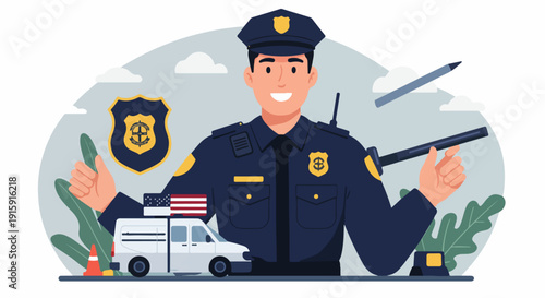 Smiling policeman in uniform with a badge and baton, symbolizing public safety, community service, and American law enforcement illustration.