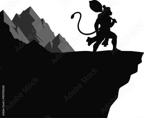 Hanuman vector illustration of a strong monkey god climbing a rugged mountain peak with a determined stride and flowing tail