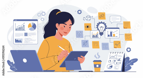 Female professional analyzing business data and generating creative strategies using a digital tablet and laptop in a modern flat illustration.