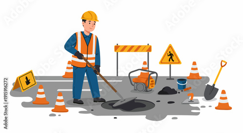 Road construction worker in high-visibility vest and hard hat repairing pavement damage with a shovel, surrounded by safety cones and warning signs.