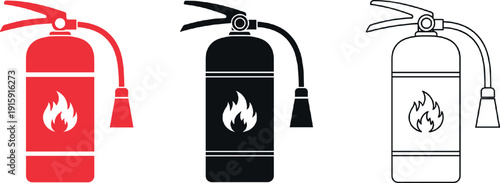 Set of fire extinguisher icons in solid red, solid black and outline styles for safety and emergency design