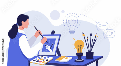 Creative professional drawing an illustration at a desk with inspiration represented by a glowing lightbulb, symbolizing innovation and idea generation.