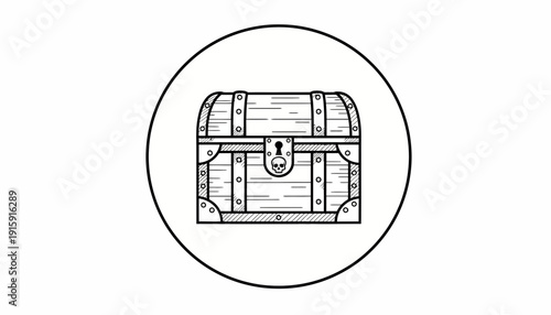 Vintage Treasure Chest Icon, Pirate Loot Box, Antique Wooden Chest with Skull Lock, Vector Illustration