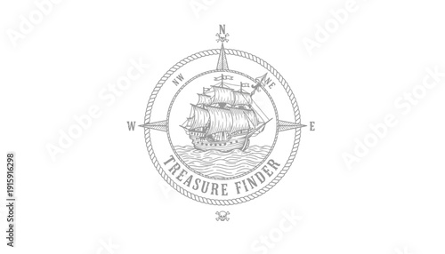 Vintage Treasure Finder Compass Rose with Sailing Ship Illustration