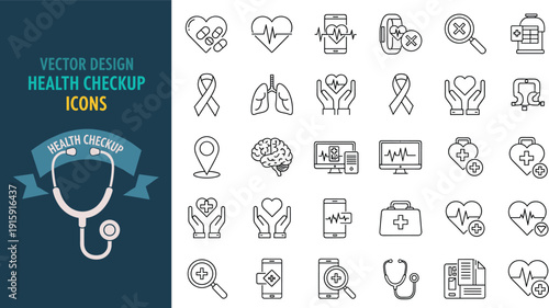 Set of flat line health checkup icons including heart, stethoscope, doctor, hospital, lungs, brain, medical report and care symbols vector