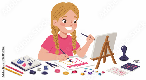 Cheerful young girl enjoying creative playtime, painting on a small canvas with art materials and crafting accessories.