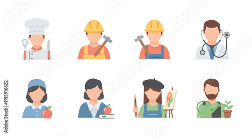 Flat icons of diverse professions including chef, construction worker, doctor, nurse, teacher, artist and gardener, ideal for career or education design