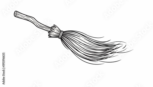 Vintage Witch Broomstick Flying, Halloween Magic, Hand-drawn Style