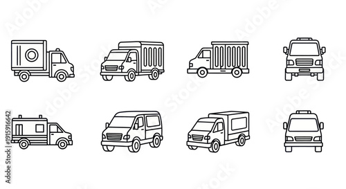 Hand-drawn delivery truck and van icons set in black outline style, perfect for transportation and logistics design projects