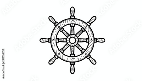 Vintage Wooden Ship Steering Wheel, Nautical Helm, Marine Navigation Icon