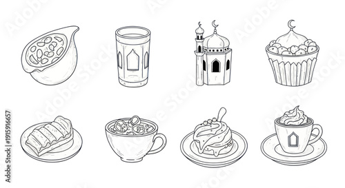 Hand-drawn set of Islamic Ramadan food and drink icons including dates, tea, mosque, cupcake, pastry, coffee, and dessert for cultural and religious designs