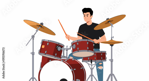 Young Male Drummer Playing Red Drum Kit Isolated on White Background Vector Illustration