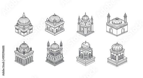 Isometric Islamic mosque buildings line art icon set with domes and minarets architecture vector illustration, perfect for infographic or design projects