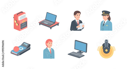 Isometric business and technology icons including office workers, laptop, desktop computer, cash register and bowling game concept for professional use
