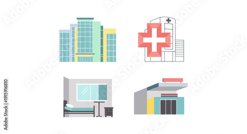 Modern hospital building and medical icons set including healthcare facility, emergency cross symbol, patient room and hospital entrance, medical concept
