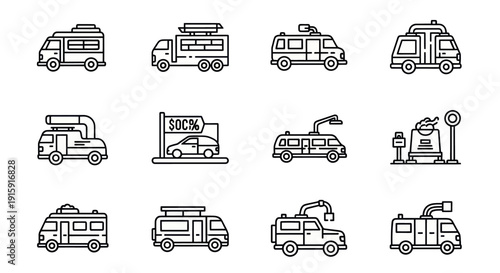 Set of 12 outlined emergency and service vehicles icons including police, fire, ambulance, and utility trucks, perfect for app and website design