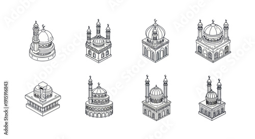 Set of 8 hand-drawn Islamic mosque icons with domes and minarets, line art vector for religious and architectural design projects