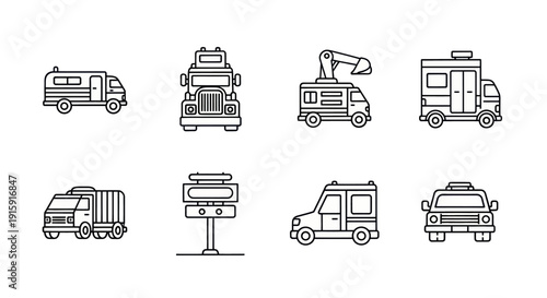 Set of black and white line icons featuring various emergency vehicles and a road sign, ideal for transportation, safety and city planning graphics
