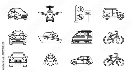Set of black and white transportation icons including cars, airplane, train, boat, bicycle and traffic sign, perfect for travel and transport projects