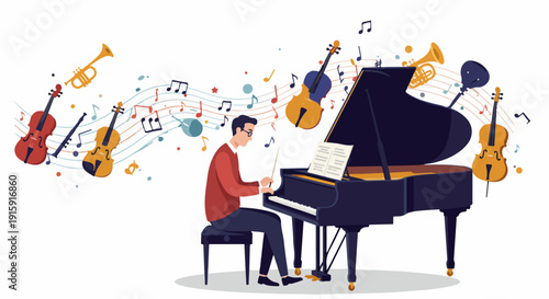 Pianist playing a grand piano in an orchestra setting, surrounded by instruments and musical notes, illustrating a vibrant musical performance or composition.