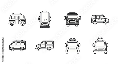 Set of black line icons showing various types of vans and buses, including emergency and passenger vehicles, perfect for transportation and travel designs