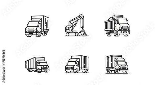 Set of black outline icons of trucks and excavator for construction and logistics design, perfect for industrial and transportation projects