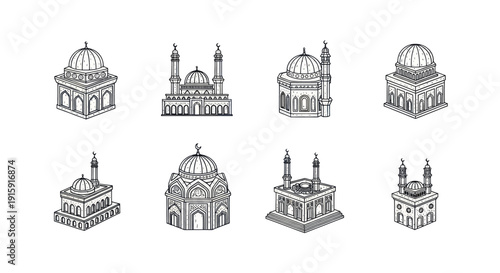 Set of detailed black and white hand-drawn mosque illustrations with domes and minarets, perfect for religious and cultural design projects