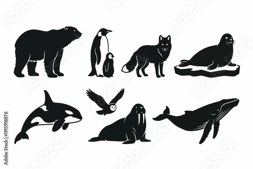 Vector set of Arctic and Antarctic animal silhouettes. Features polar bear, penguins, whale, orca, walrus, seal, arctic fox, and snowy owl. Isolated wildlife illustrations
