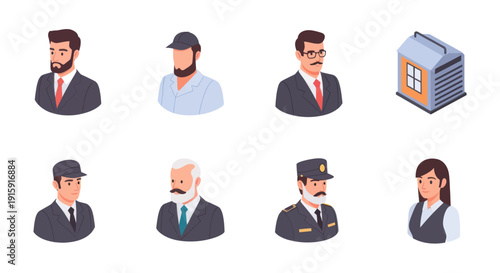 Set of diverse professional male and female avatars including businessman, worker, officer and woman in office attire, ideal for corporate and business projects