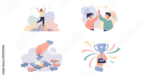 Success and achievement concept with celebrating person, high five teamwork, completing puzzle, and holding trophy - perfect for motivation and business themes