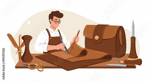 Professional leatherworker carving or marking raw hide on a workshop table surrounded by specialized craft tools and materials.