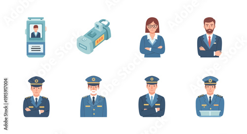 Vector collection of police officers and ID badge with body camera equipment, law enforcement concept for security and authority visuals
