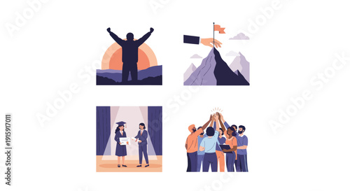 Success, achievement, and teamwork concept illustrations including celebration, mountain peak with flag, graduation ceremony, and group high five for motivation and education
